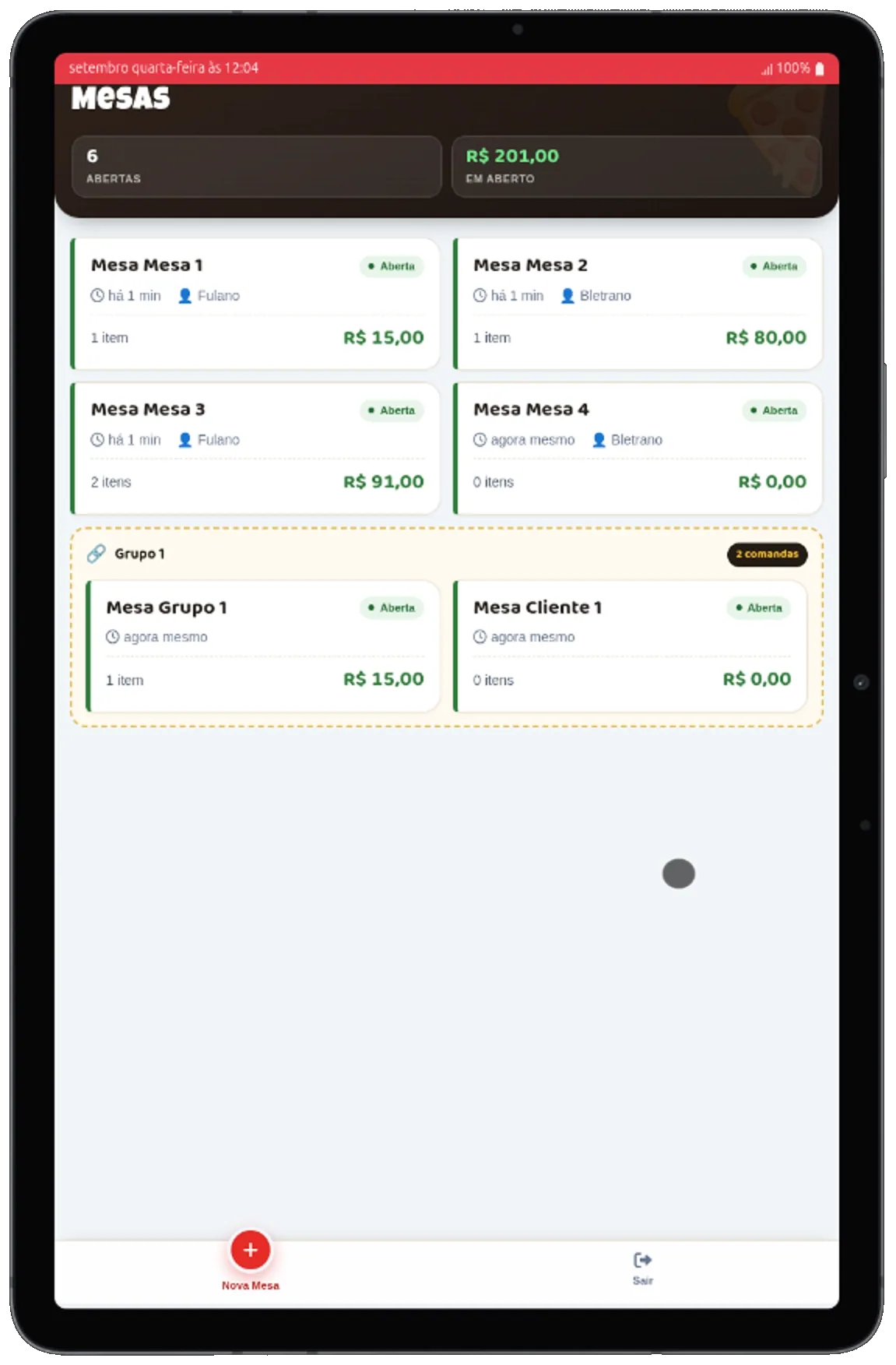 Pizzaria Novo Sabor: controle de mesas abertas no tablet do salão
